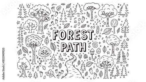 A whimsical hand-drawn illustration in black and white featuring a winding forest path surrounded by various trees, footprints, leaves, stars, and other playful elements for a charming natural scene.