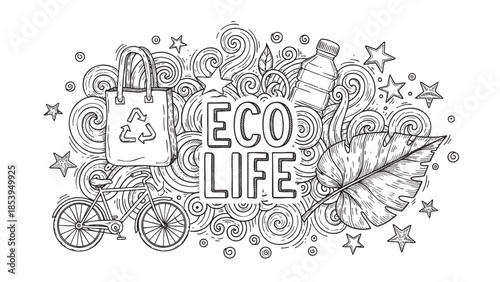 Whimsical hand-drawn illustration featuring the words Eco Life surrounded by elements of sustainable living like a bicycle, tote bag, and water bottle with decorative swirls and stars.