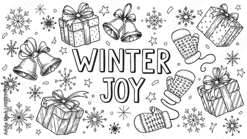 A cheerful black and white illustration featuring the words Winter Joy surrounded by festive elements like snowflakes, gift boxes, and jingle bells, perfect for seasonal design projects.