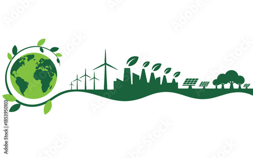 Green Earth globe with leaves connects to wind turbines, factories, solar panels, and trees