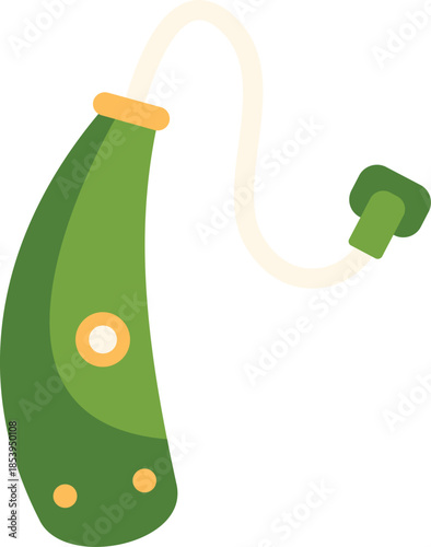 Green behind the ear hearing aid with a white cord connecting the earbud, improving hearing for those with hearing loss