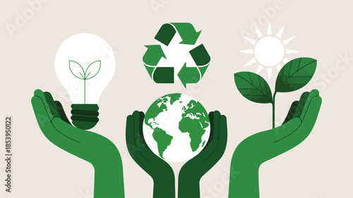 Green hands present global symbols representing environmental protection and sustainable ecological practices