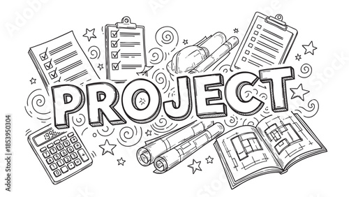 A hand-drawn sketch illustrates project planning elements including the word "PROJECT", checklists, a calculator, blueprints, and a notebook, suggesting organization and execution.