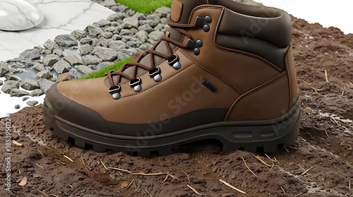 Hiking boot stepping on a muddy trail with gravel and grass, showcasing outdoor adventure gear