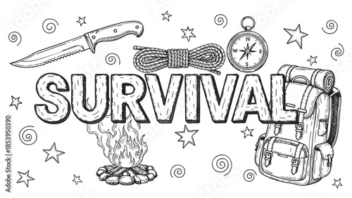 An illustrated composition featuring the word SURVIVAL surrounded by camping and outdoor gear like a knife, rope, compass, backpack, and campfire.