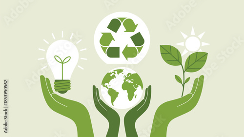 Green hands present global symbols representing environmental protection and sustainable ecological practices