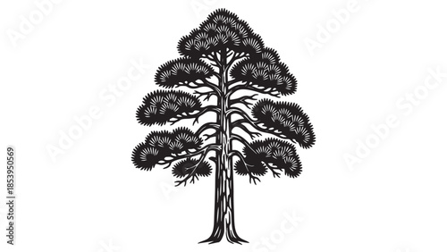 A stark black silhouette of a majestic pine tree with textured bark and full, bushy foliage stands against a clean white background, offering a classic and versatile design element.