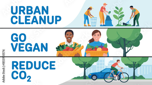 Illustrative banner showcasing community efforts for urban cleanup vegan lifestyle and reducing carbon emissions