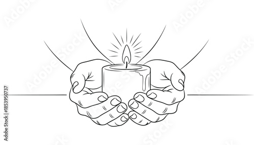 A pair of hands cradling a lit candle with a serene flame