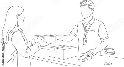 Customer receiving a package from a service representative at a delivery counter
