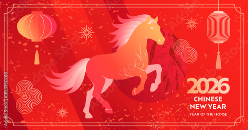 Modern abstract design background of Chinese New Year 2026. Lunar new year concept template with horse, chinese lanterns, symbols. Traditional concept for greeting card, poster, banner, cover, flyer
