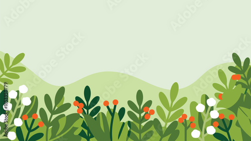 Lush green foliage, vibrant orange berries, and delicate white flowers create a botanical border on light green