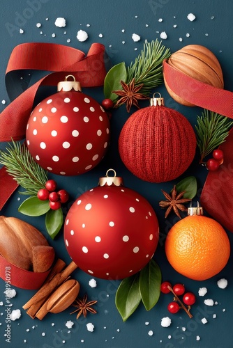 Festive Christmas ornaments with red ribbons, berries, greenery, and spices on a dark blue backdrop