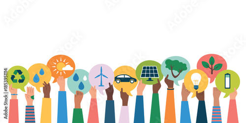 Multicultural hands raising up speech bubbles displaying diverse environmental and renewable energy icons