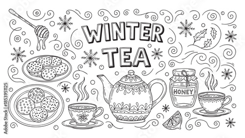 A charming hand-drawn illustration depicts a cozy winter tea scene with steaming cups, cookies, a teapot, honey, and festive snowflakes, perfect for seasonal promotions and designs.