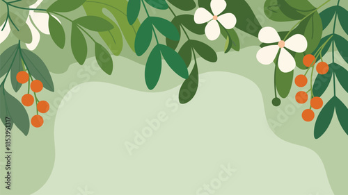 Stylized green leaves, white blossoms, and orange berries adorn the top of a soothing light green background