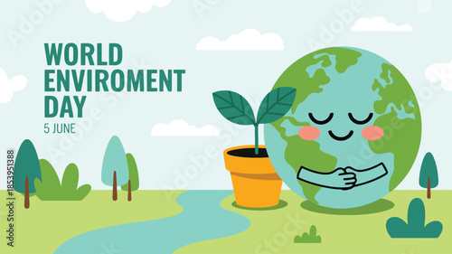 The cute cartoon Earth character stands peacefully beside a small potted plant celebrating World Environment Day