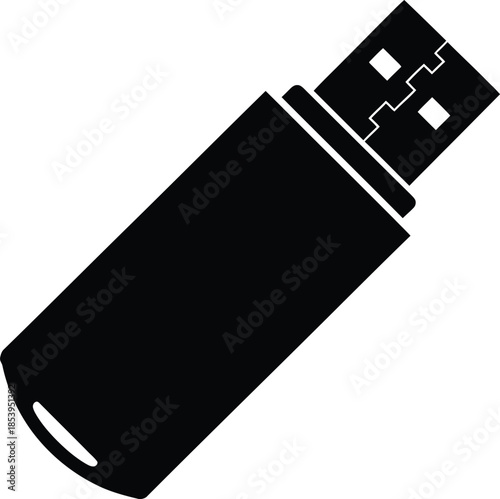 A portable black and white plastic USB flash drive vector illustration for digital data storage and memory transfer, isolated as a computer technology accessory and connection key