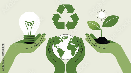 Three pairs of green hands hold symbols of ecological responsibility for energy, Earth, and plant growth