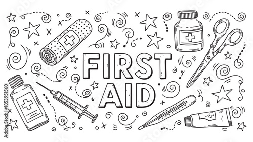 A hand-drawn, black and white illustration featuring various first aid supplies and decorative elements like stars and swirls, perfect for medical or healthcare concepts.
