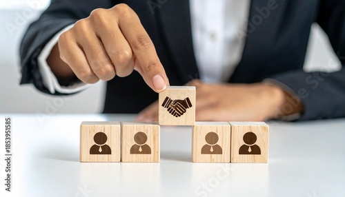 Business professional building partnerships with wooden blocks