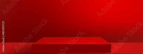 Red background Chinese New Year sale,Studio wall room and gradient lighting,shadow on dark red 3D podium for product display.Vector Valentine,Luxury cosmetic branding