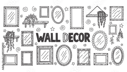 A hand-drawn collection of various wall decor items including mirrors, shelves with plants, stars, and swirls, perfect for interior design and DIY projects.