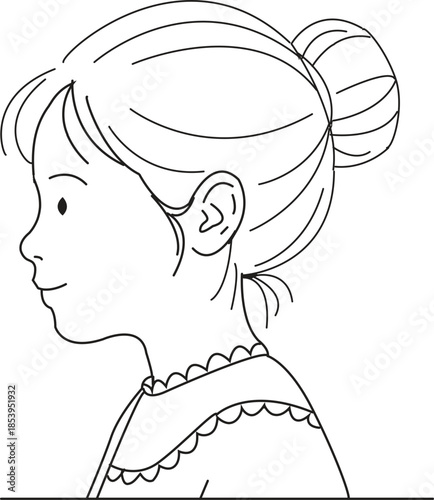 A simple line art illustration of a young girl with her hair in a bun, looking forward with a gentle smile
