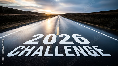 2026 challenge text painted on highway road at sunrise for motivation