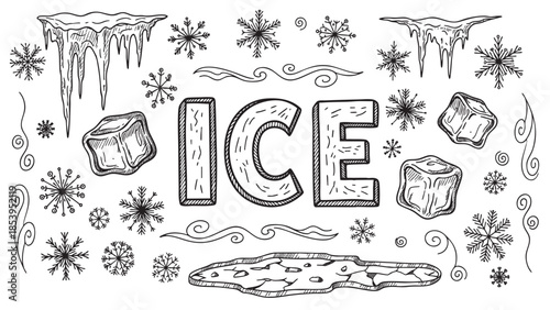 A delightful hand-drawn collection of winter elements including the word ICE, snowflakes, icicles, and ice cubes, perfect for seasonal designs.