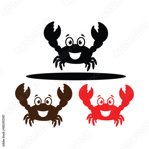 Cheerful trio of cartoon crabs with big smiles and raised claws in vibrant colors