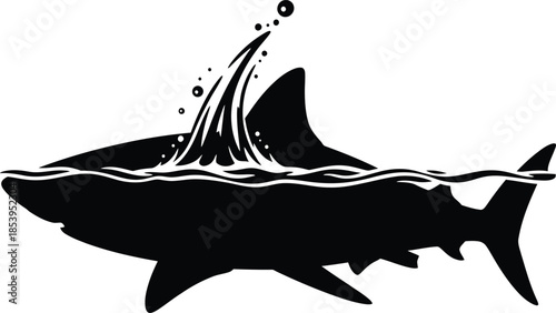 Vector illustration of a black shark and dolphin silhouette swimming in the blue sea water, isolated on white as a marine animal wildlife logo icon
