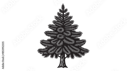 A stark black silhouette of a pine tree with detailed needles stands out against a clean white background, perfect for graphic design and holiday themes.