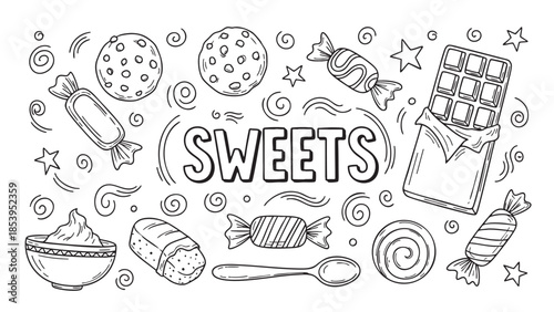 A whimsical hand-drawn illustration features a variety of sweet treats including cookies, chocolate bars, candies, and cake with decorative swirls and stars, perfect for design projects.