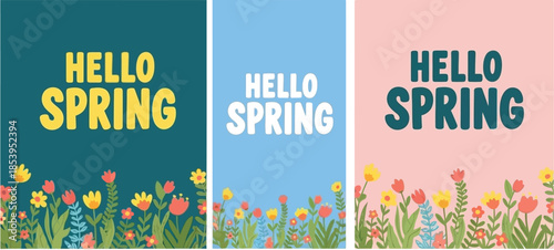 Hello Spring Greeting Banner with Colorful Floral Design