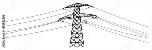 Black and white illustration of a high voltage electricity pylon with wires power tower