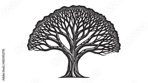 A stylized black and white illustration of a tree with intricate, branching patterns and a flowing silhouette against a white background.