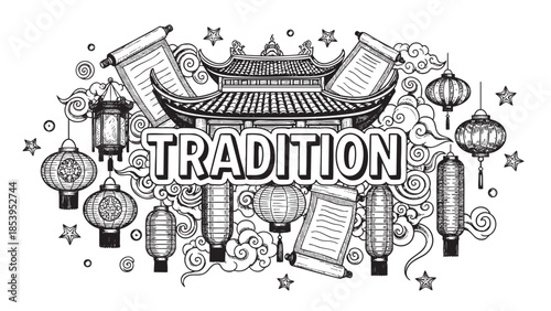 A whimsical black and white illustration depicting traditional Asian elements such as ornate lanterns, ancient scrolls, stylized clouds, and a pagoda roof, evoking a sense of culture and heritage.