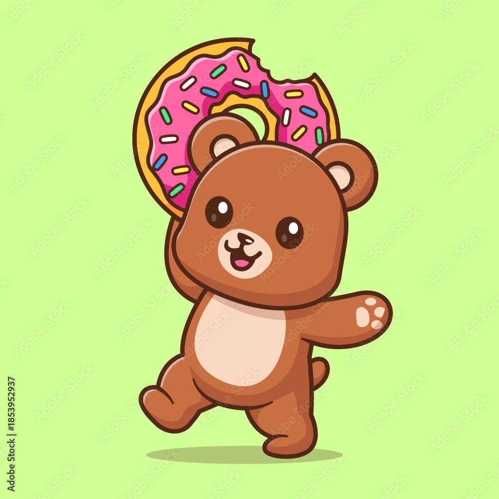 Obraz premium Cute Bear Eating Doughnut Cartoon