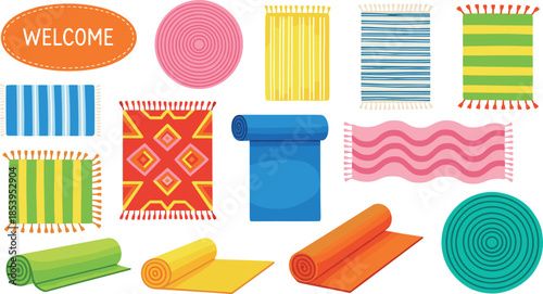 Colorful Rugs and Floor Mats Flat Illustration Vector Set Featuring Carpets, Welcome Mats, Textile Patterns, Home Decor and Interior Design Elements