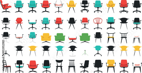Modern Chair Collection Flat Vector Set Featuring Office, Dining, Lounge and Designer Seating Furniture in Colorful Minimal Illustration Style