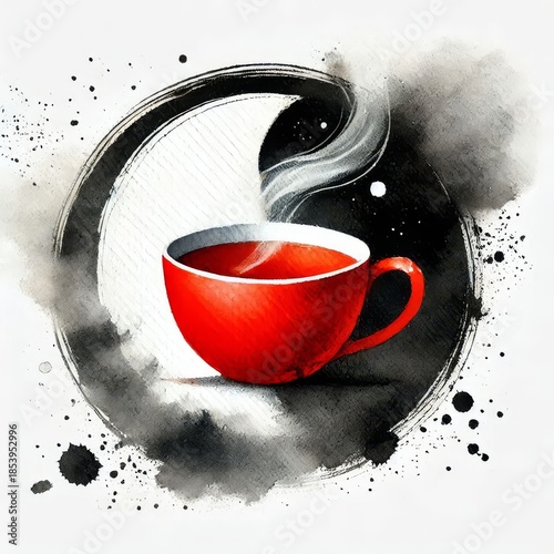 Red coffee cup with steam in abstract ink circle, watercolor illustration, minimal modern beverage art on white background