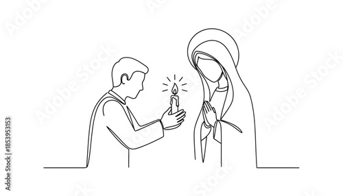 A priest offering a flower to the virgin mary in a simple line drawing