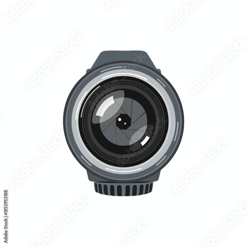 A detailed cartoon illustration of a lens. Features aperture blades and barrel