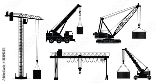 Collection of Industrial Crane Silhouettes for Construction and Logistics heavy machinery lifting