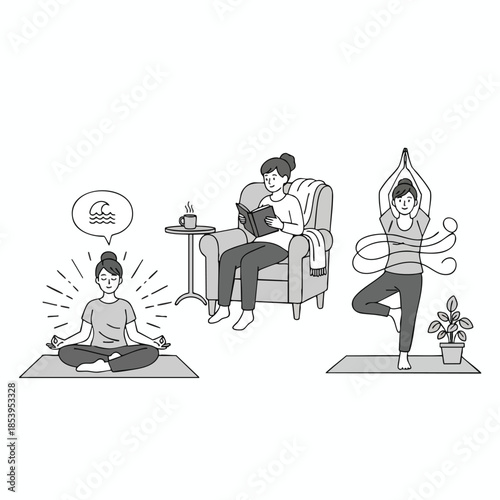 Three illustrations of a woman in various relaxation activities