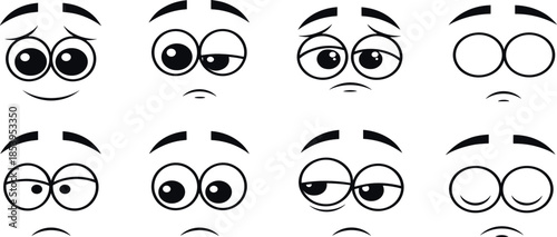 Cartoon Eyes and Facial Expression Line Icons Set Featuring Emotions, Reactions, Mood Changes, Looking Directions and Character Design Elements