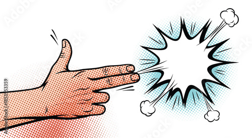 Pop art style illustration of a hand gesture forming a gun shape with a blank comic explosion bubble to convey power or dynamic action.