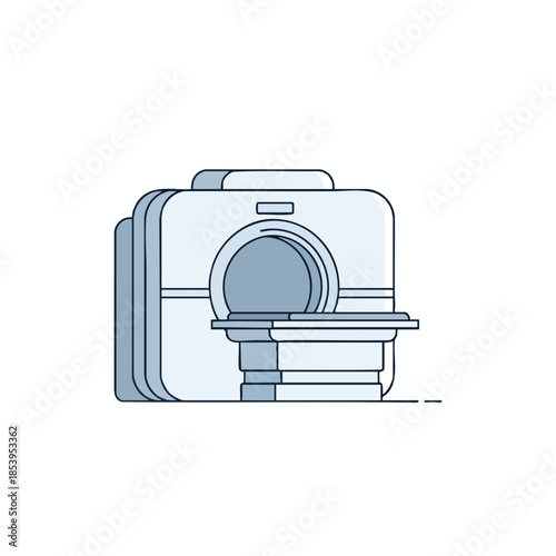 A medical scanner with a table, in blue shades on white, simple flat design
