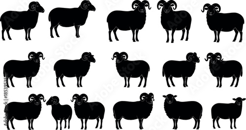 Sheep and Ram Silhouette Vector Set Featuring Farm Animals, Livestock Shapes, Rural Agriculture, Flock Variations and Black Animal Design Elements